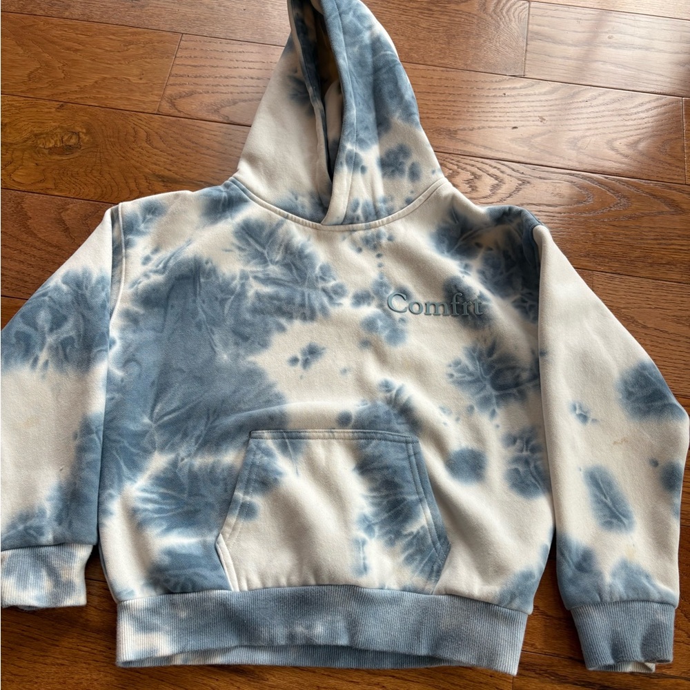 COMFRT Blue and White Tie-Dye Unisex Kids Hoodie, size S
